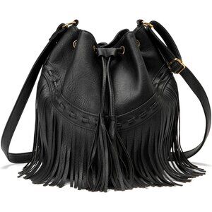 Leather Bucket Bags for Women Crossbody Fringe Purses with Drawstring Ladies Tas